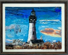 HOMEWARD FOUND Yaquina Bay Lighthouse Mixed Media Collage Painting - Original