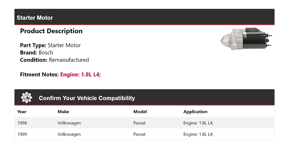 Стартер Bosch для 1998-1999 Volkswagen Passat 1,8 л L4 (восстановленный) - Изображение 2 из 4