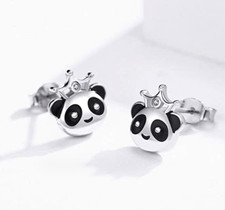 Tiny Silver Panda Bear Crown Pave Cubic Zirconia Stud Earrings