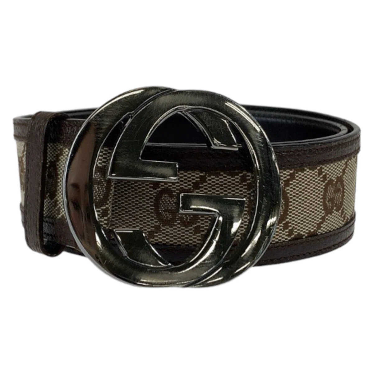 Ceinture GUCCI imbriquée 114876 boucle GG marron argent quincaillerie GG toile/cuir