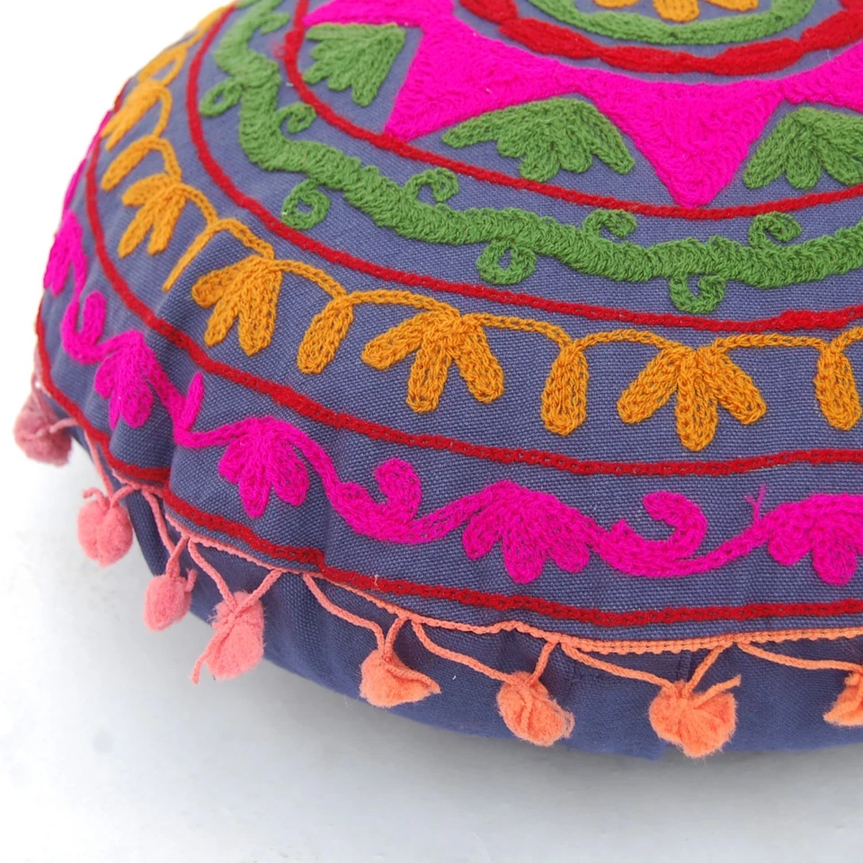 Multi Color Floral Cotton Suzani Embroidery Round Cushion Cover Round Pom-Pom16" - Image 2 of 4