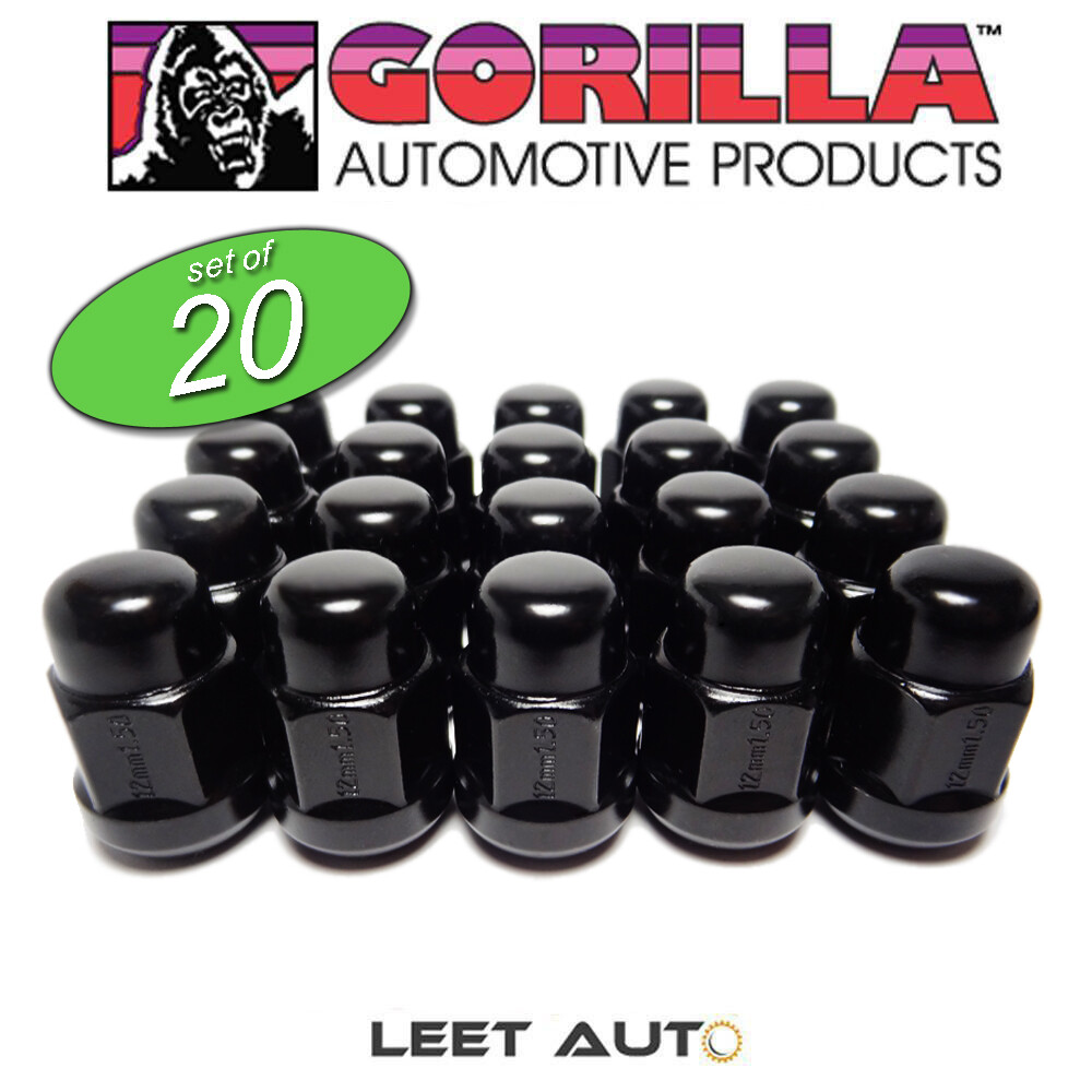 (20pc.) Gorilla Lug Nuts, Black, Honda Acura Ball Seat, 12mm x 1.50, 12x1.5