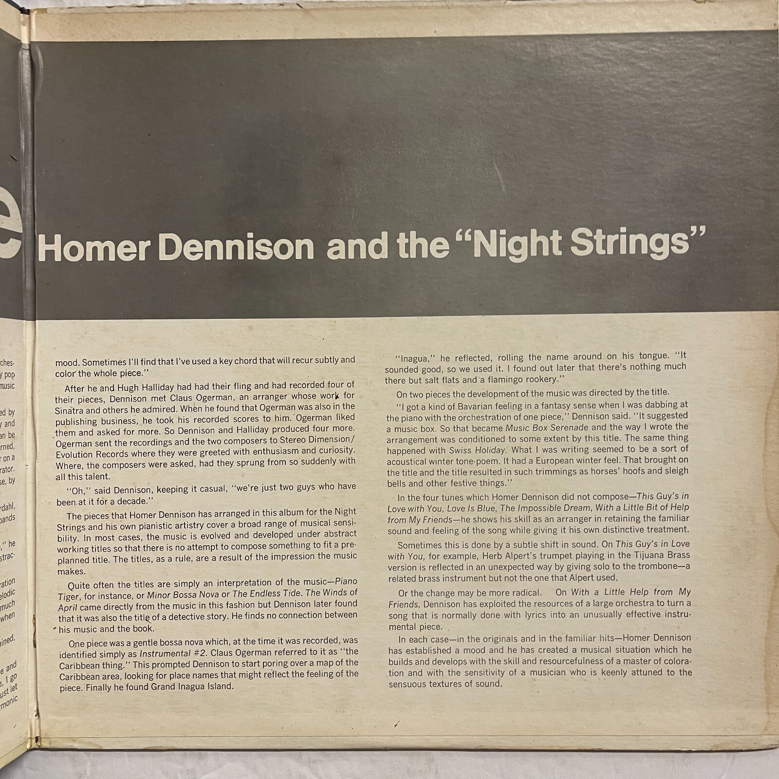 Homer Dennison And The The Night Strings ‎– Night Love Vinyl, LP Evolution