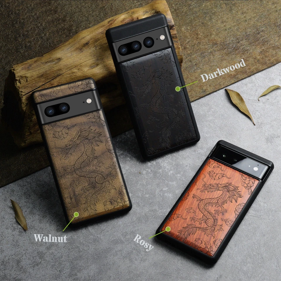 Fundas de madera para teléfono Google Pixel 8 Pro 7a 7 Pro 6 Pro 6a 6 7 8 cubierta Dragon Foto 3 de 4