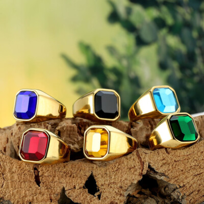 Men Women Blue Square Stone Signet Ring Stainless Steel Pinky