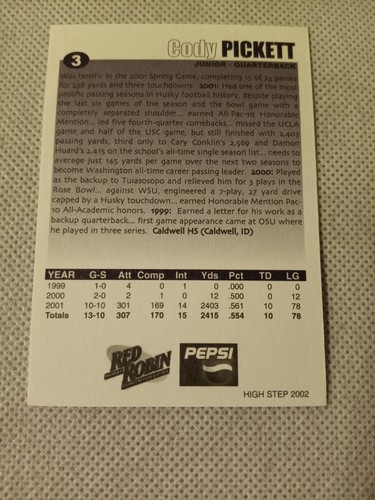 2002 CODY PICKETT HIGH STEP PEPSI RED ROBIN NFL KARTE #3 WASHINGTON HUSKIES 49ERS - Bild 2 von 2