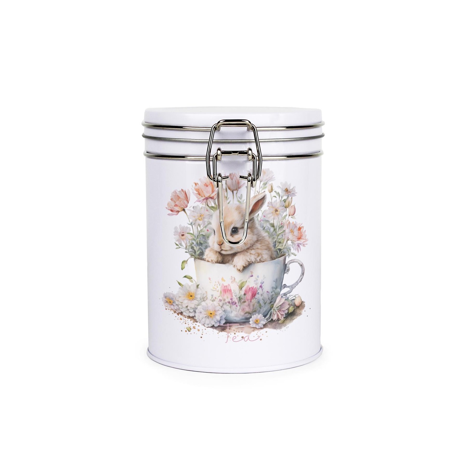 Teacup Bunny Tea Canister - White Metal Clip Lid Kitchen Storage Gift 700ml
