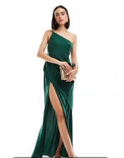 ASOS DESIGN Satin One Shoulder Maxi Dress With Thigh Split In Forest Green Sz. 4