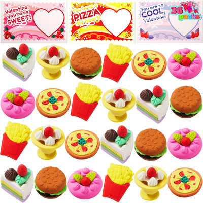 JOYIN 36 PCS Valentines Day Gift Cards with 3D Dessert Erasers for Kid Classroom