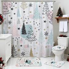 Christmas Shower Curtain Sets 4pcs Winter Pine Tree Christmas Bathroom Decor ...