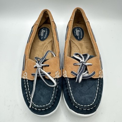 G.H.Bass & Co Boat Shoes Womens 8W Navy Tan Leather Lace Up Coastal Nautical NOS