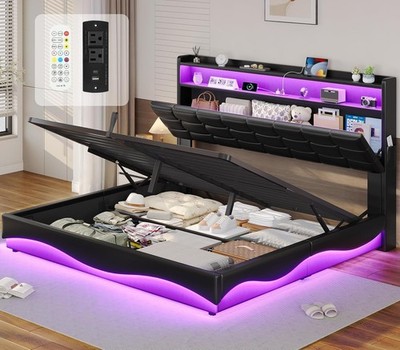 Queen Bed Fre with Lift Up Stora, Charging Stat & RGB Lights