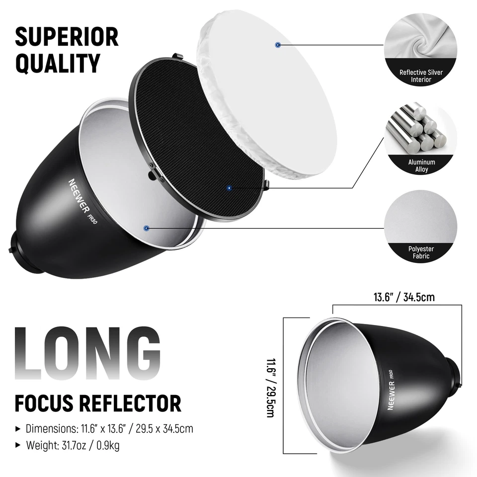 NEEWER FR30D 11.6" Reflector - Bowens Mount w/ 15°/30° Grids - Image 3 of 4