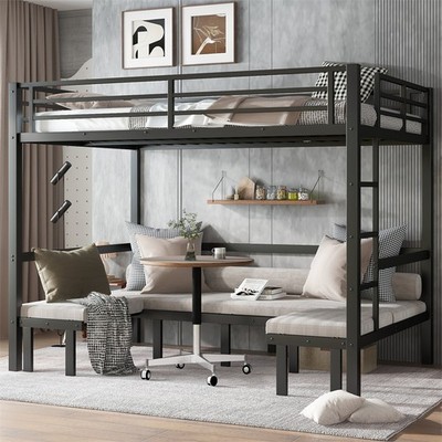 Queen over Queen Size Pull-out Metal Bunk Bed Convertible Bunk Bed Couch w/Rails