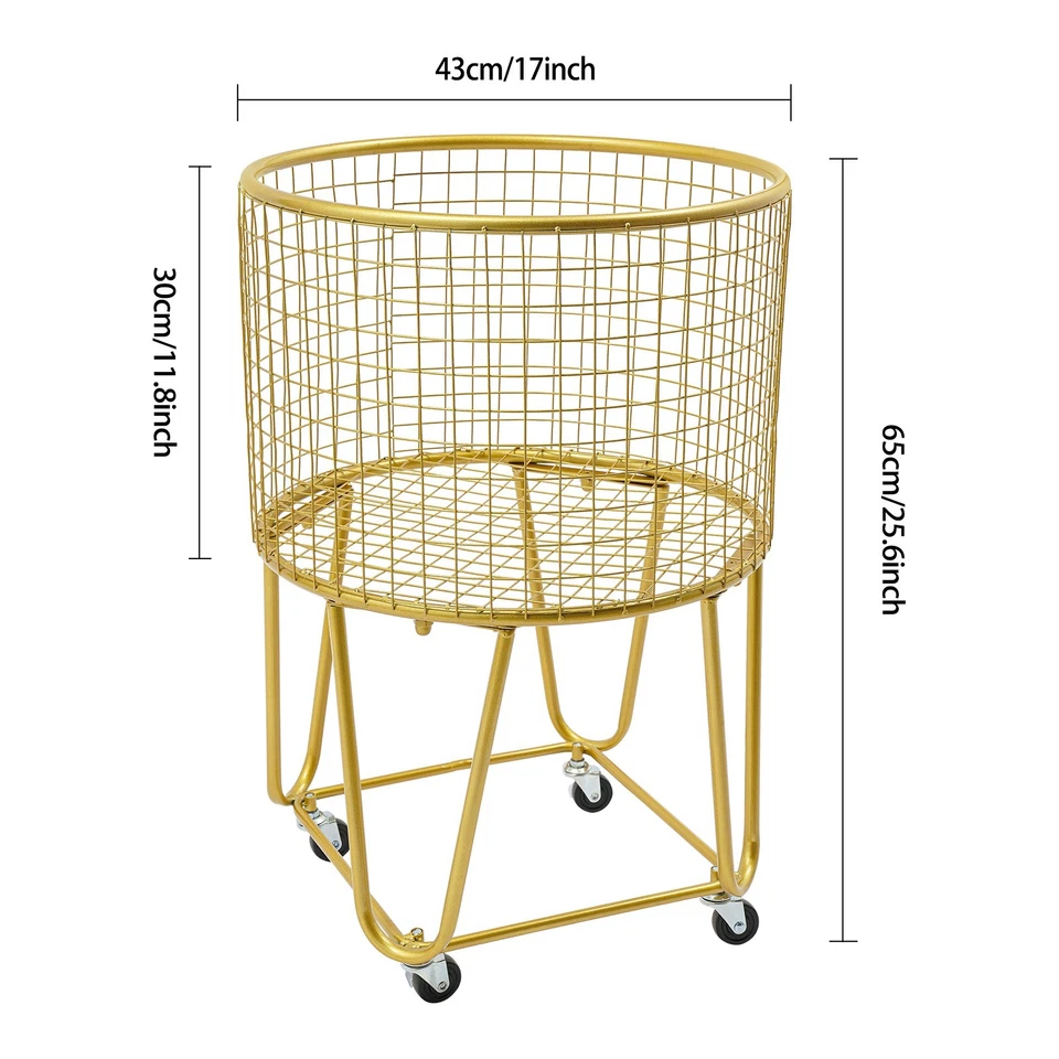 Modern Gold Metal Mesh Laundry Storage Cart Laundry Basket with Wheels - Image 4 of 4