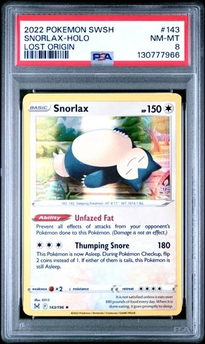 2022 POKEMON SWORD & SHIELD LOST ORIGIN #143 SNORLAX-HOLO PSA 8