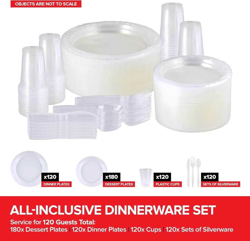 Juego de vajilla de plástico transparente de 780 piezas, servicio para 120 invitados, resistente cada uno Foto 2 de 4