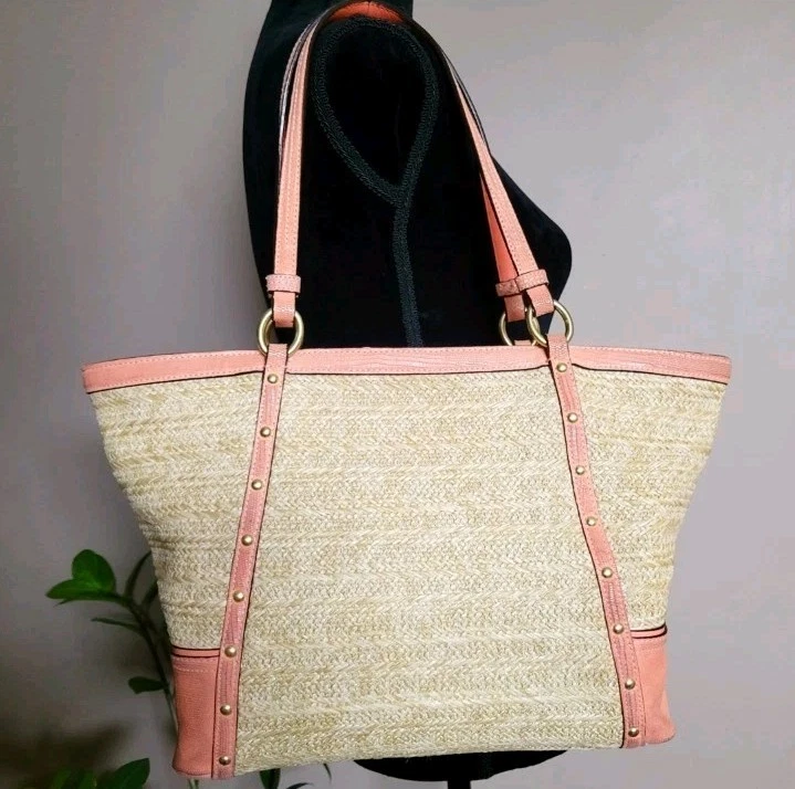 Coach Alexandra Python Straw Handbag Coral/Tan F21959 - Image 3 of 4