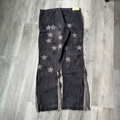 MNML Black Star Patch Cargo Jeans Distressed Men's 32