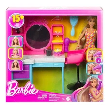 Barbie Doll and Hair Salon Playset, Color-Change Hair New 15+ Pieces