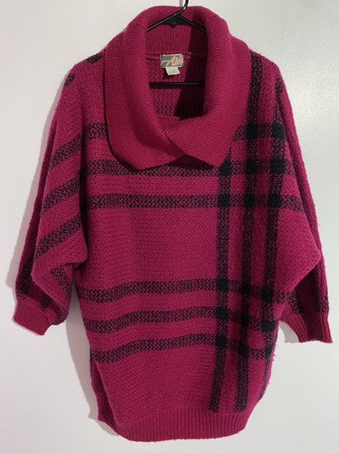 Maglione Aria Vintage L Fucsia Rosa Mohair Plaid Lungo Boho Oversize Accogliente Elasticizzato - Foto 1 di 10
