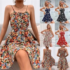 UK Women's Holiday Floral Strappy Dress Summer Mini Beach Sun Dresses SIZE 6-18