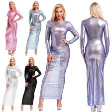 Women's Sheer Bodycon Maxi Dress Shiny Metallic Full Bodywear Beach Cover Up