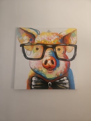 100% Hand Painted Painting Of  Pig With Glasses, Multi Color