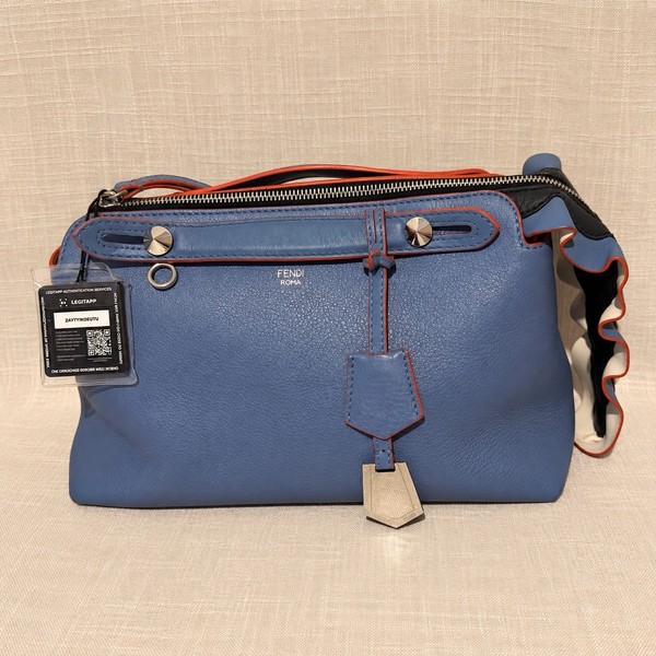 Fendi By The Way Blue Leather Ruffle Handbag Red Trim Authentic