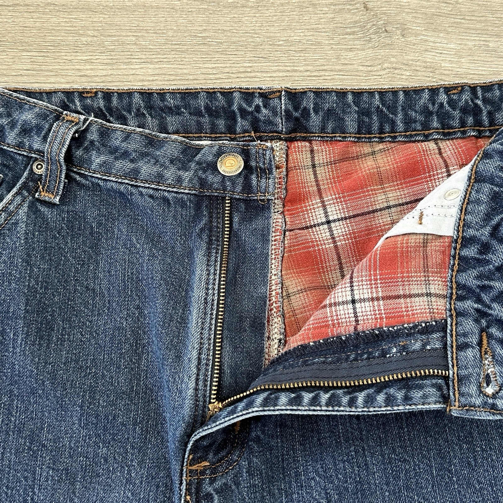 Women’s Carhartt Plaid Lined Jeans 18x32 Straight Fit Dark Wash Denim Workwear thumbnail 9