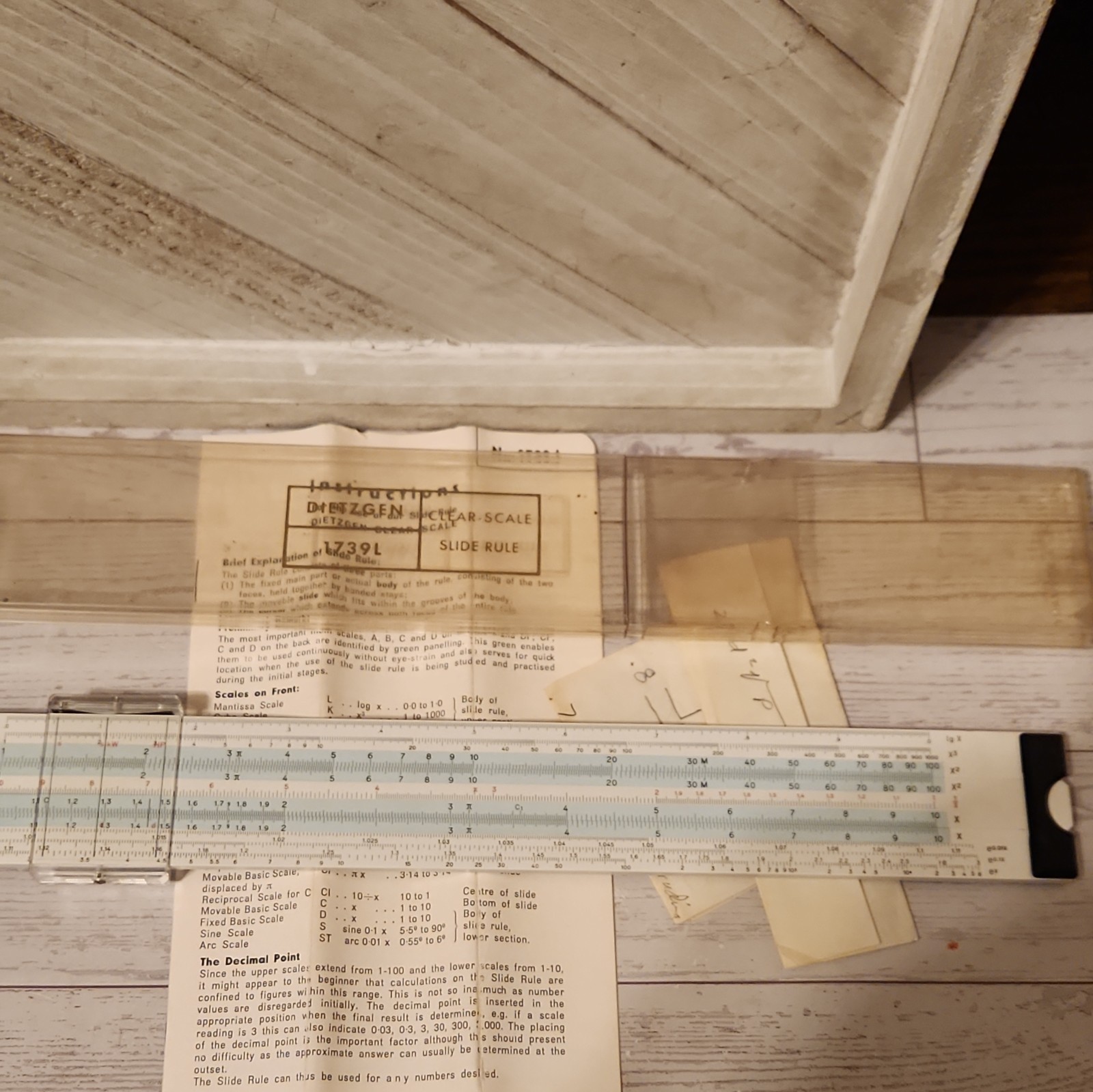 VINTAGE DIETZGEN CLEAR SCALE 1739L SLIDE RULE WITH CASE AND PAPERWORK