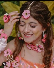 Women fashion flower  earrings tika bracelets necklace haldi mehandi babyshower