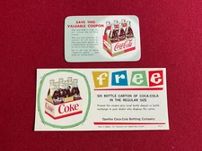 1960's, (2) Coca-Cola, Free 6-Pack Coupons (Scarce / Vintage)