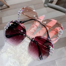 Vintage Rahmenlosen Strass Sonnenbrille Damen Mode Farbverlauf Gläser UK。