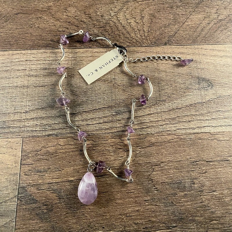 12" Silver Tone Amethyst Chip Necklace w/ Teardrop Amethyst Pendant Stephan & Co