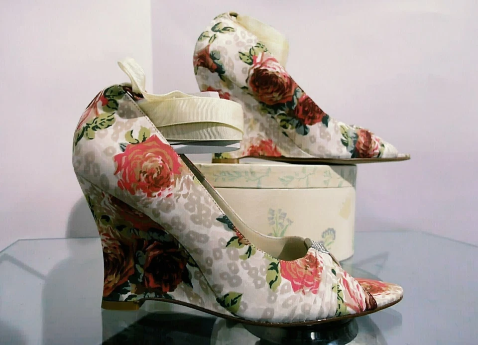 Karen Millen Sandalia Wedges Multicolor Floral Print Tejido Rosas Banda Cordones - Imagen 4 de 4