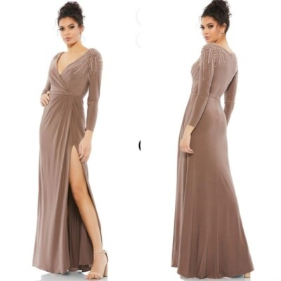 Mac Duggal | Faux Wrap Mocha Embellishex Jersey Gown NWT