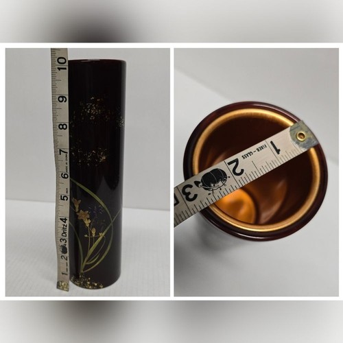 Jarrón japonés Wajima lacado marrón con forma de bambú tema floral vintage - Imagen 8 de 8