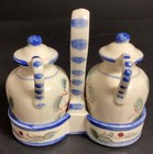 Vintage NASCO Japan Blue Rooster Salt, Pepper, Caddy Fruit, Floral, Hand Painted — photo 3