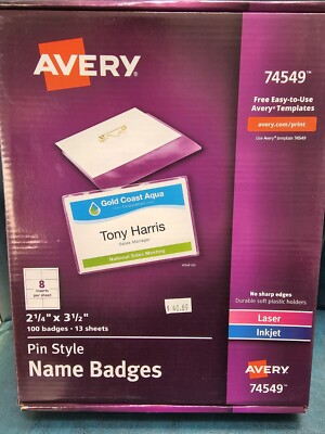 NEW Avery 74549 Pin Style Name Badges 2.25