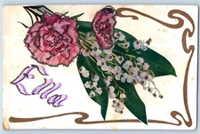 Deer Creek Minnesota MN Postcard  Ella Girl Name Pink Flowers Glitter c1910's