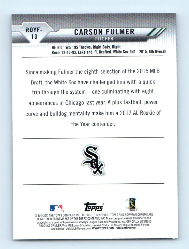 2017 Bowman Rookie of the Year Favorites ! Carson Fulmer Rookie Chicago White - Image 2 of 2