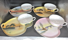 Rare Set of 4 Vintage Meito China Handpainted in Japan Teacup w/Trays in Pastels