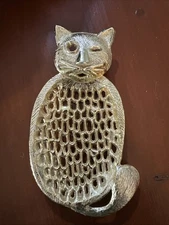 Vintage Ben Rickert Cat Soap Dish Tray Gold Tone Metal Footed Trinkets Jewelry