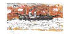 2026 acrylic "Gunboat off St Ives" on card by Bill Payne. Alfred Wallis style