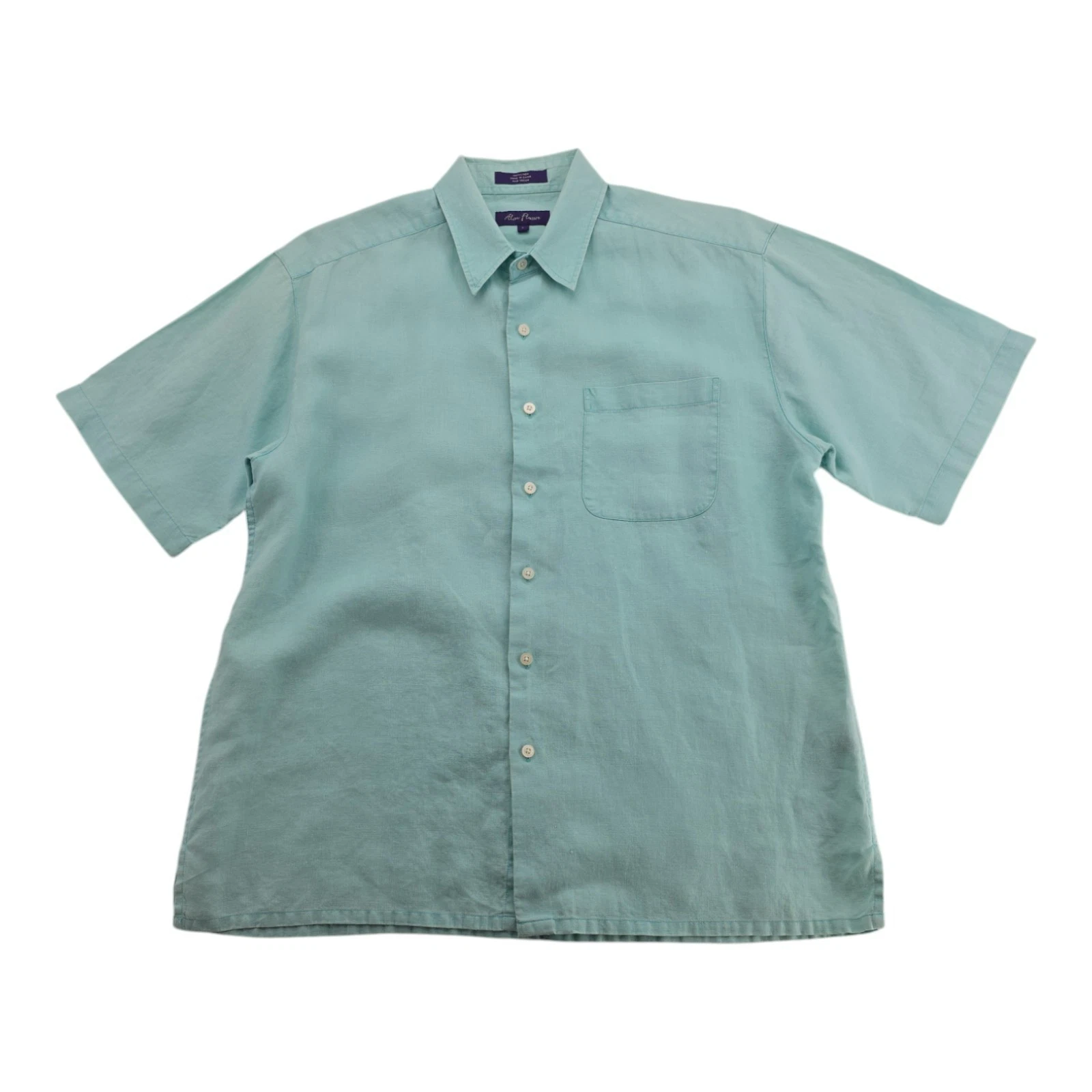 Alan Flusser Men's L Aqua Blue Linen Shirt Short Sleeve Button Up 100% Linen
