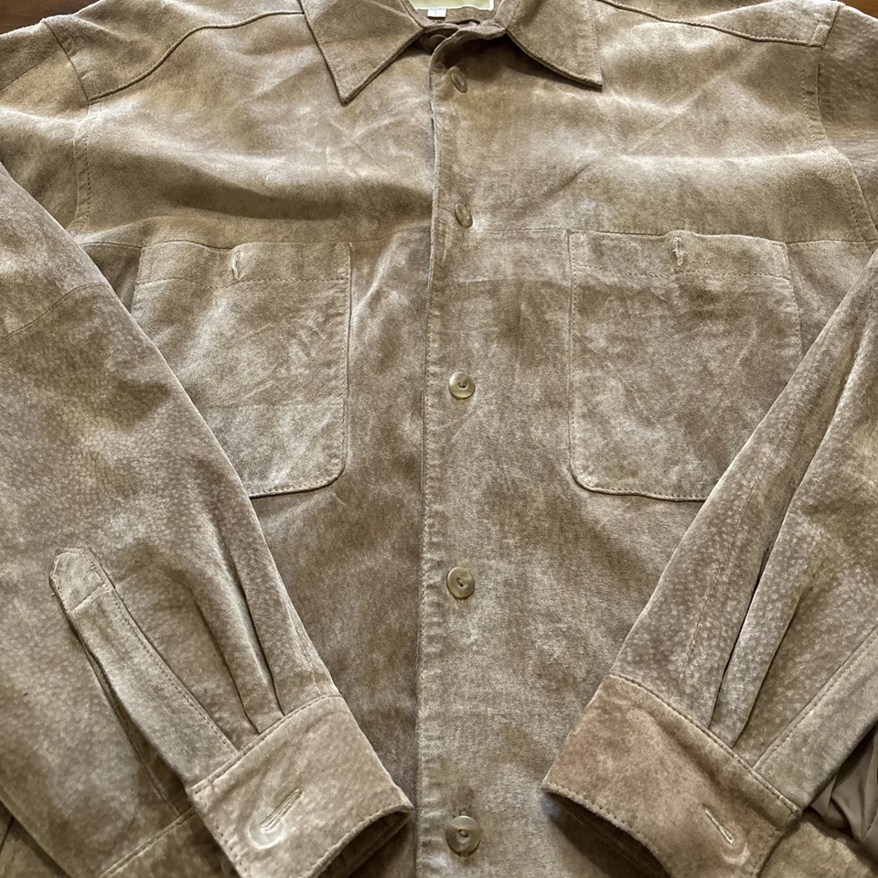 Vintage Perry Ellis Men's Size Large Leather Shirt Jacket Button Up Brown Suede - Image 2 of 4