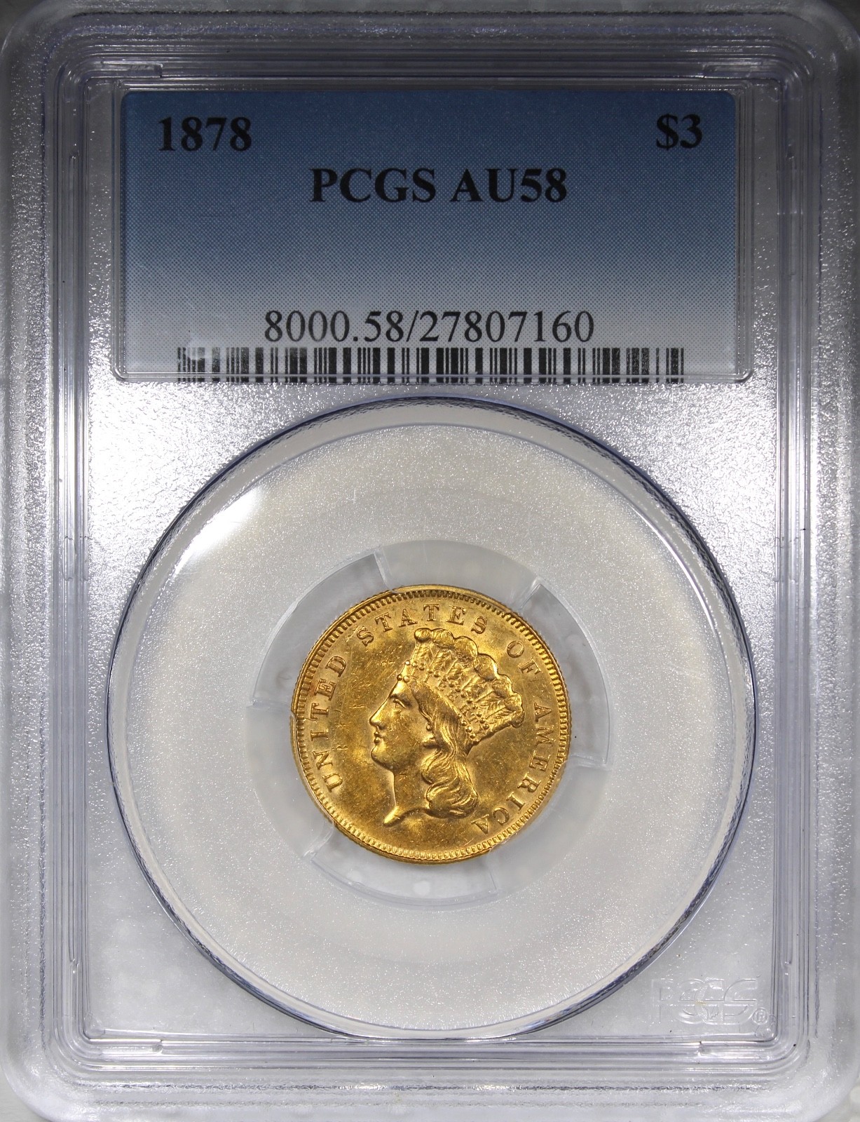 1878 $3 Gold Indian Princess PCGS AU58 Circulated Nice Coin