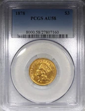 1878 $3 Gold Indian Princess PCGS AU58 Circulated Nice Coin