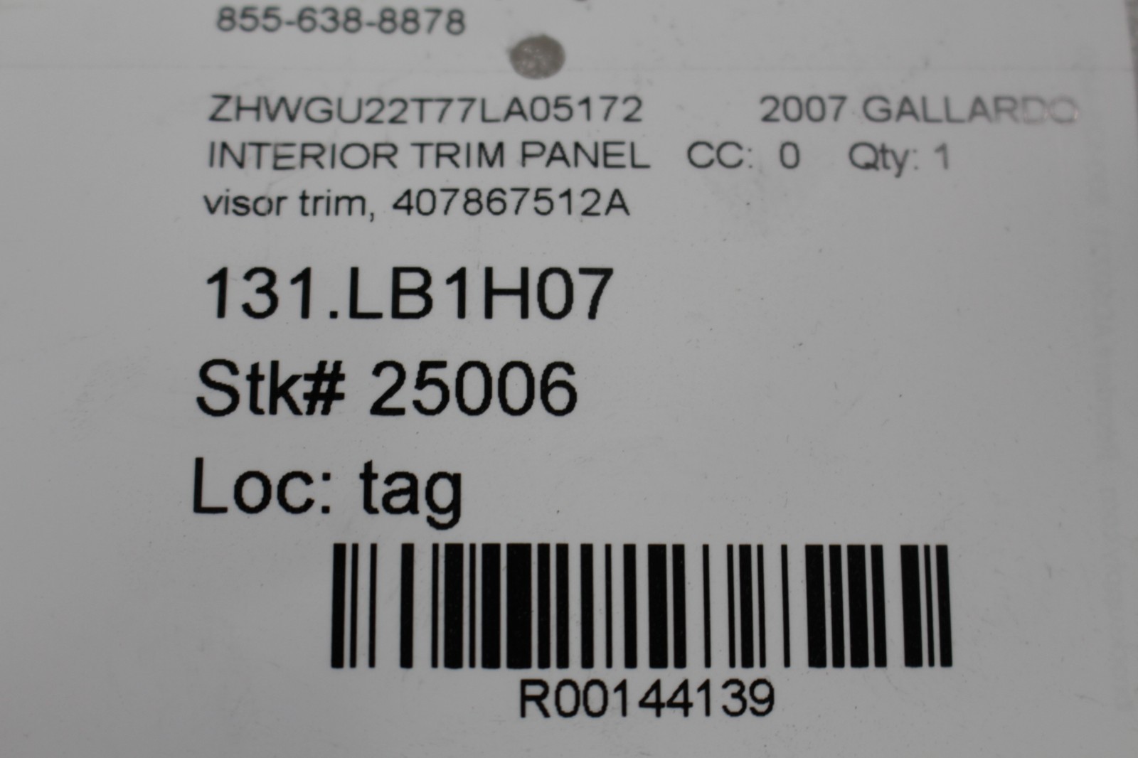 Lamborghini Gallardo Spyder, Visor Trim Panel, Used, P/N 407867512A